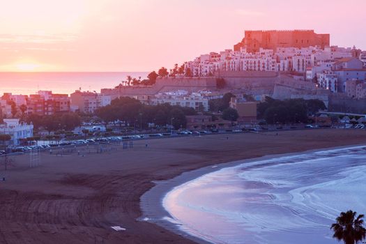 Panorama of Peniscola at sunrise. Peniscola, Valencian Community, Spain.