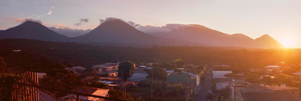 Volcanos of Cerro Verde National Park seen from Juayua. Juayua, Sonsonate , El Salvador.