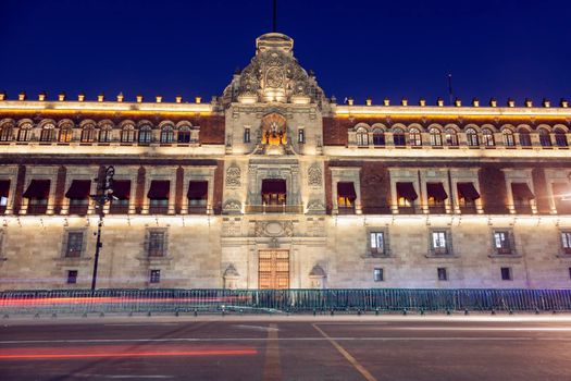 National Palace in Mexico City seen at night. Mexico City, Mexico.