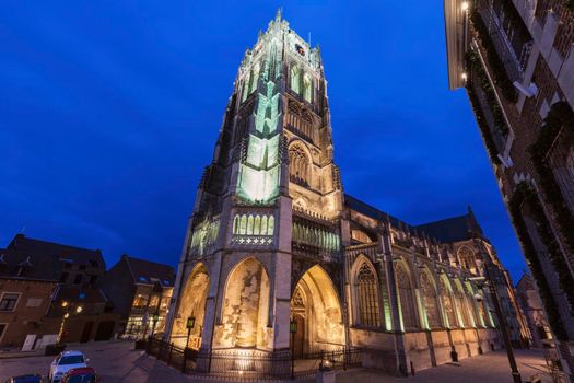 Tongeren Basilica at night. Tongeren, Wallonia, Belgium.