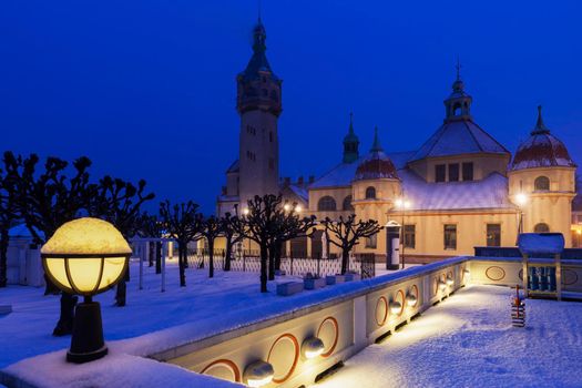 Sopot Lighthouse in winter scenery. Sopot, Pomerania, Poland.