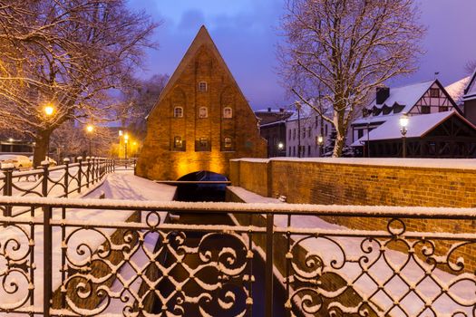 Small Mill in Gdansk at night. Gdansk, Pomerania, Poland.