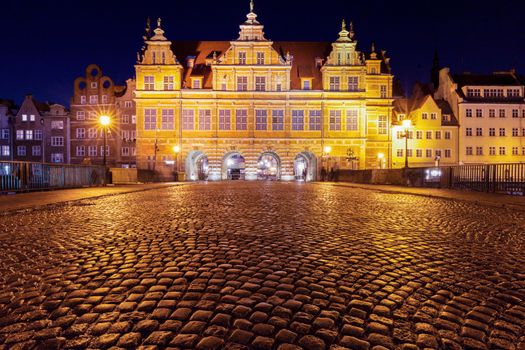 Green Gate in Gdansk at night. Gdansk, Pomerania, Poland.