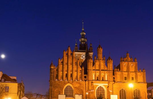 St Catherine Church in Gdansk at night. Gdansk, Pomerania, Poland.