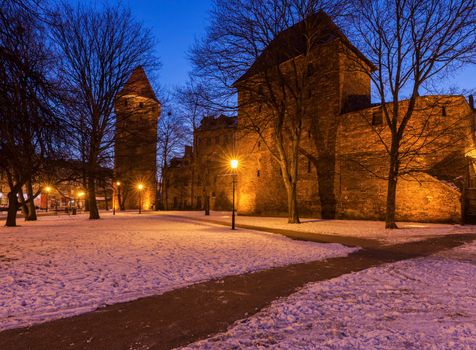 St Hyacinth Tower in Gdansk at night. Gdansk, Pomerania, Poland.