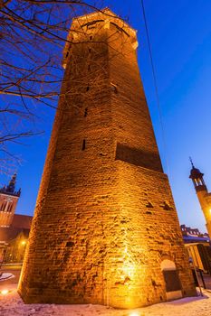 St Hyacinth Tower in Gdansk at night. Gdansk, Pomerania, Poland.