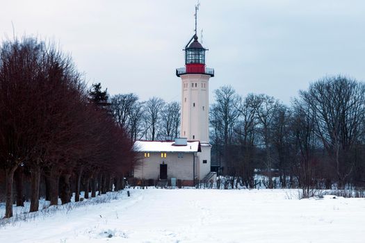 Lighthouse in Rozewie in winter scenery. Gdansk, Pomorskie, Poland.