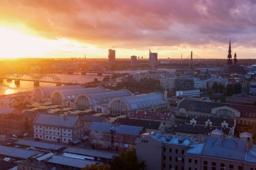 Panorama of Riga at sunset. Riga, Latvia