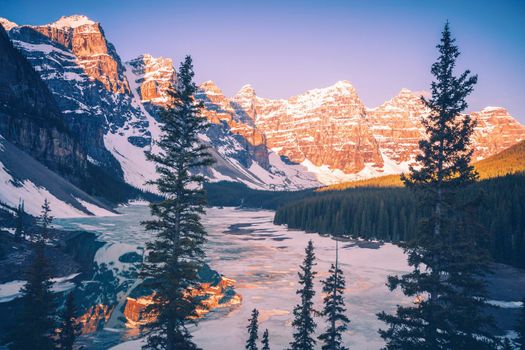 Frozen Moraine Lake in Banff National Park. Banff National Park,Alberta, Canada.