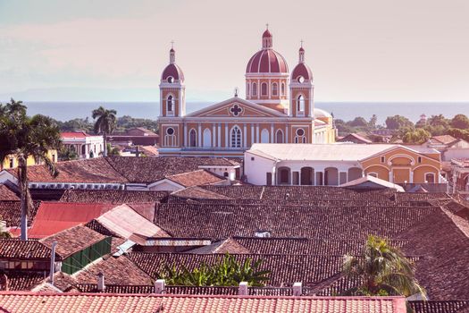 Granada Cathedral and city panorama. Granada, Nicaragua.