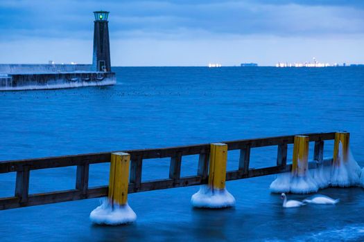 Lighthouse in Gdynia at night. Gdynia, Pomerania, Poland.