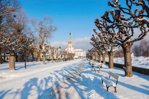 Sopot Lighthouse in winter scenery. Sopot, Pomerania, Poland.