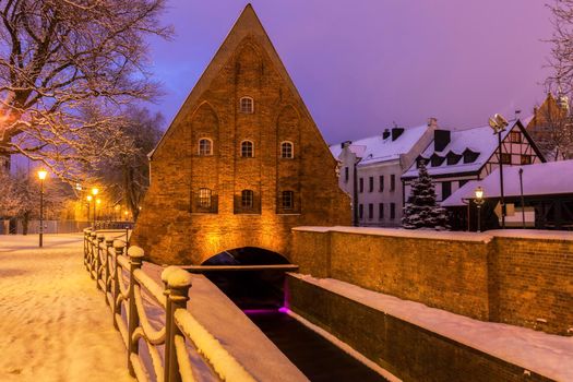 Small Mill in Gdansk at night. Gdansk, Pomerania, Poland.