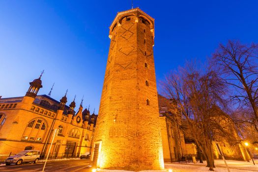 St Hyacinth Tower in Gdansk at night. Gdansk, Pomerania, Poland.