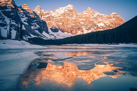 Frozen Moraine Lake in Banff National Park. Banff National Park,Alberta, Canada.
