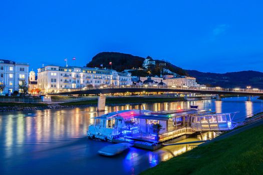 Panorama of Salzburg at night. Salzburg, Austria.