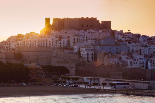 Panorama of Peniscola at sunrise. Peniscola, Valencian Community, Spain.