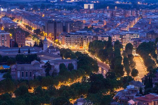 Aerial panorama of Granada at night. Granada, Andalusia, Spain.