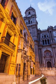 Malaga Cathedral at night. Malaga, Andalusia, Spain.