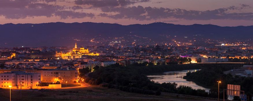 Night panorama of Cordoba with Mosque Cathedral. Cordoba, Andalusia, Spain.