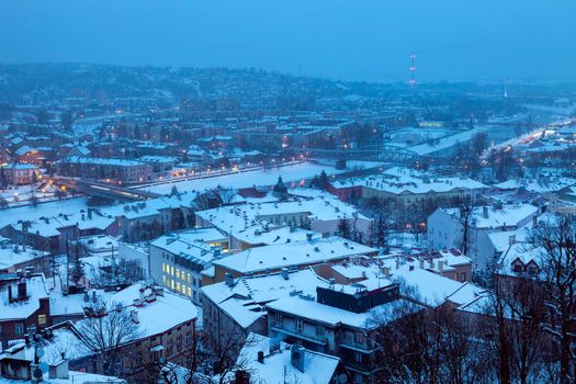 San River in Przemysl - aerial view at night. Przemysl, Podkarpackie, Poland.