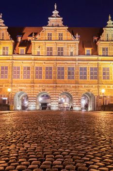 Green Gate in Gdansk at night. Gdansk, Pomerania, Poland.