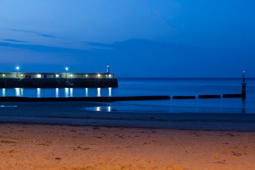 Lighthouse in Peel at night. Peel, Isle of Man.