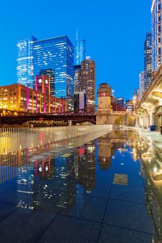 Colorful architecture of Chicago along Chicago River at night. Chicago, Illinois, USA.