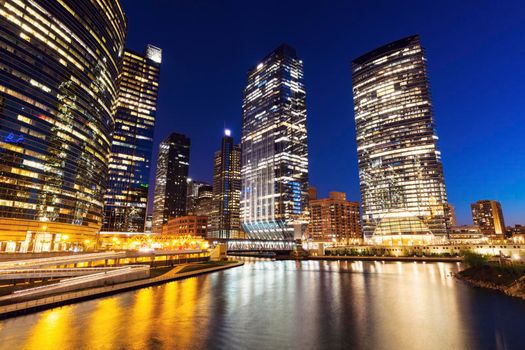 Architecture of Chicago at night. Chicago, Illinois, USA.