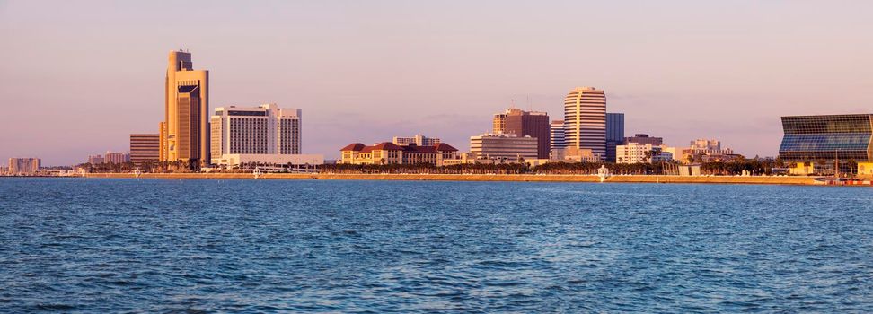 Panorama of Corpus Christi at sunrise. Corpus Christi, Texas, USA.