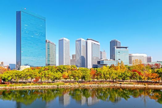 City and park views During the autumn leaves in Osaka, Japan