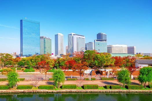 City and park views During the autumn leaves in Osaka, Japan