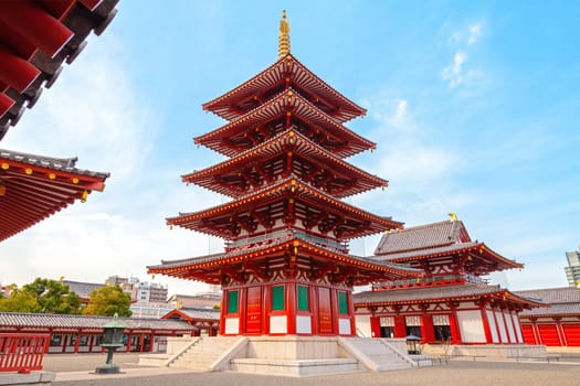 The five story pagoda at Shitennoji Temple , the oldest temple in Osaka, Japan.
