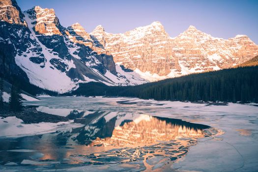 Frozen Moraine Lake in Banff National Park. Banff National Park,Alberta, Canada.
