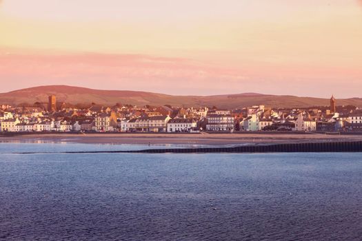 Panorama of Peel at sunset. Peel, Isle of Man.
