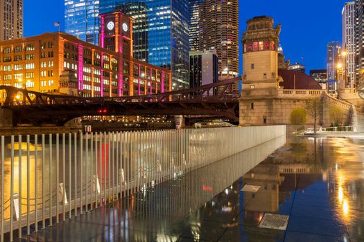 Colorful architecture of Chicago along Chicago River at night. Chicago, Illinois, USA.