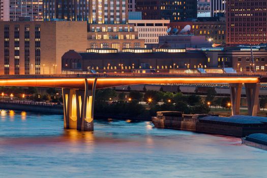 Illuminated bridge in St. Paul. St. Paul, Minnesota, USA.