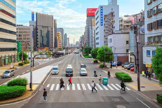 Osaka, Japan - 21 Nov 2018 -Crosswalk on a street in the city of Osaka.