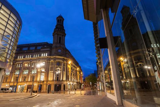 Architecture of Manchester at night. Manchester, North West England, United Kingdom.