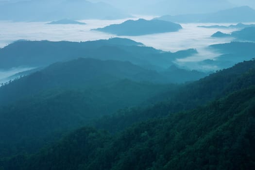 Landscape of mountain view with morning fog at sunrise time.