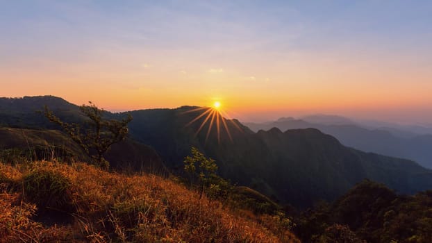 Colorful sunset in the mountains landscape. Dramatic overcast sky.