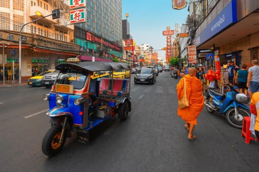 BANGKOK, THAILAND - 22 Dec 2018  :Tuk-Tuk is the name of Thai traditional taxi.Chinatown is famous landmark in Bangkok.