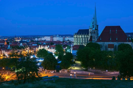 Panorama of Erfurt with St Mary Cathedral at evening. Erfurt, Thuringia, Germany.