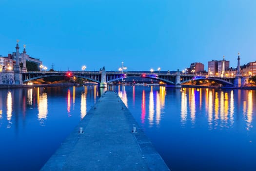 Panorama of Liege along Meuse River seen at evening. Liege, Wallonia, Belgium.