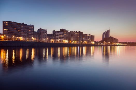 Panorama of Liege along Meuse River seen at evening. Liege, Wallonia, Belgium.