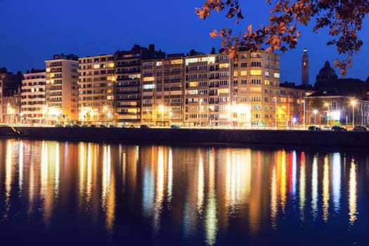 Panorama of Liege along Meuse River seen at evening. Liege, Wallonia, Belgium.