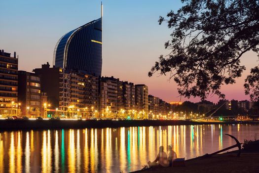 Panorama of Liege along Meuse River seen at evening. Liege, Wallonia, Belgium.
