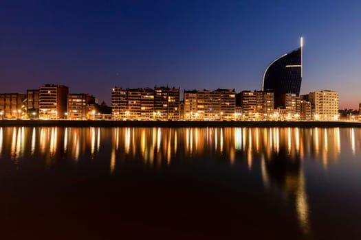 Panorama of Liege along Meuse River seen at evening. Liege, Wallonia, Belgium.