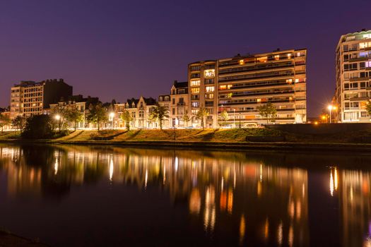 Panorama of Liege along Meuse River seen at evening. Liege, Wallonia, Belgium.