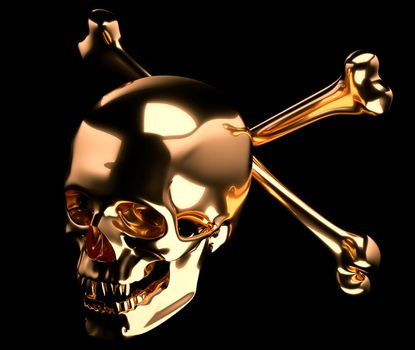 Golden Skull with crossed bones or totenkopf isolated on black 3d render 3d illustration